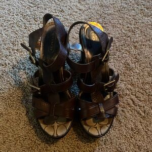 Coach Signature Brown Buckle Strap Platform Sandals